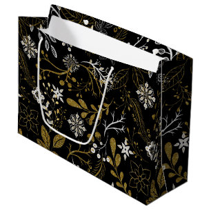 Bolsa De Regalo Grande Intrincado patrón floral con oro y blanco 