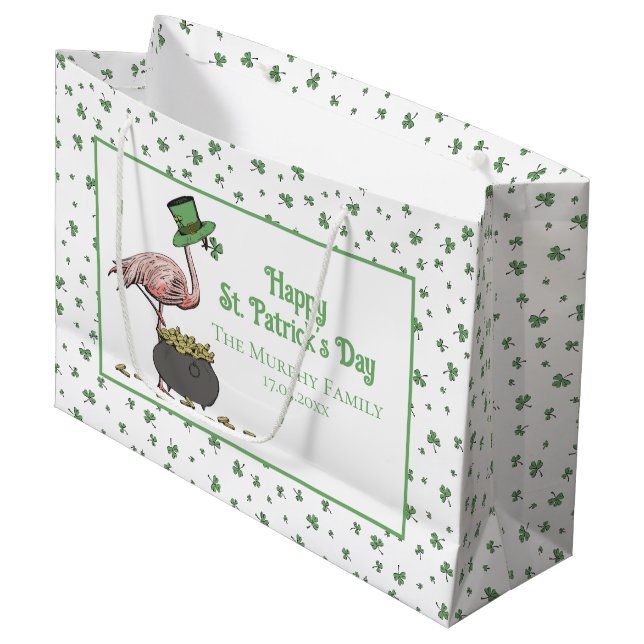 Bolsa De Regalo Grande Irish Shamrock Pink Flamingo St Patricks Day (Angulo Anverso)