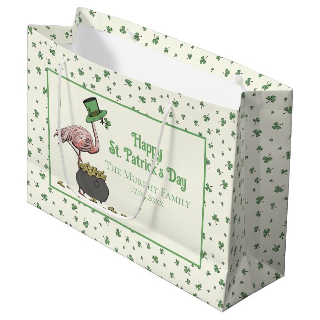 Bolsa De Regalo Grande Irish Shamrock Pink Flamingo St Patricks Day Ivory (Angulo Anverso)