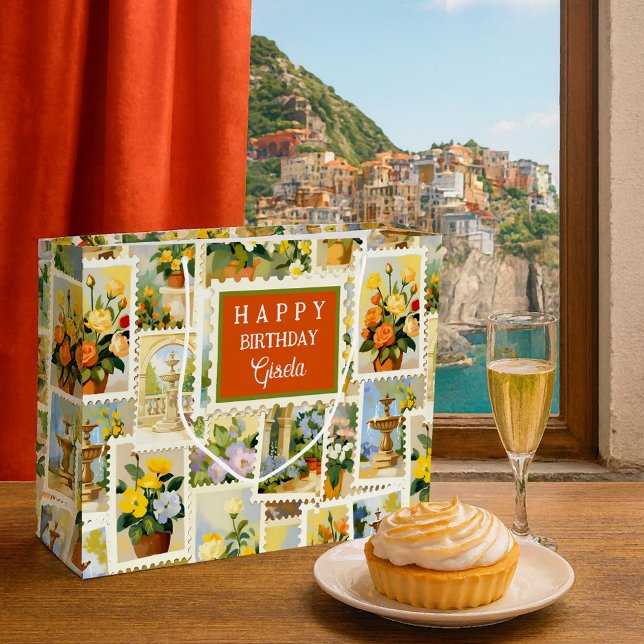 Bolsa De Regalo Grande Italian Festive Pattern Gift Bag (Large gift bag featuring a whimsical illustration of flowers and fountains in Italian style)