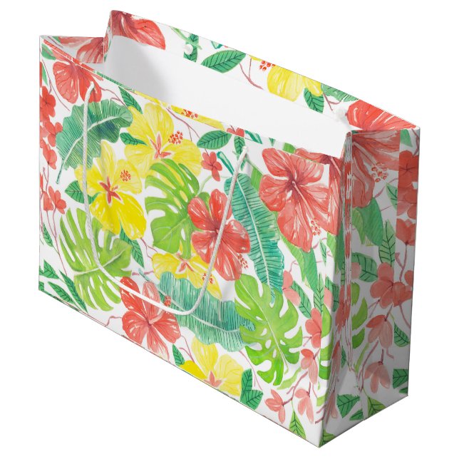 Bolsa De Regalo Grande Jardín tropical, plumeria de hibiscos y hojas de p (Angulo Anverso)