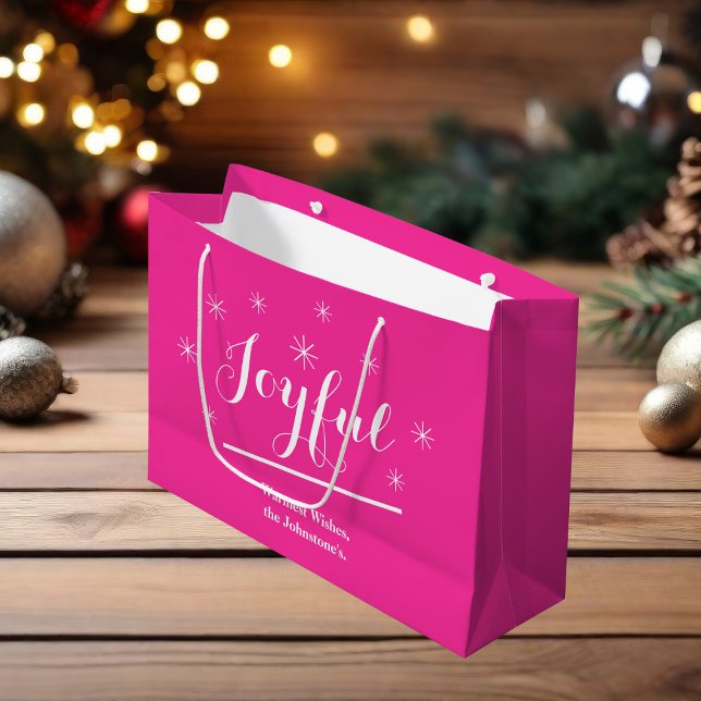 Bolsa De Regalo Grande Joyful Gift Moda Guión Moderno Navidades Hot Pink (Joyful hot pink gift bag)