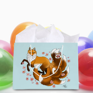 Bolsa De Regalo Grande Kitsune Zorro Caprichoso Flor de Cerezo Azul Fanta
