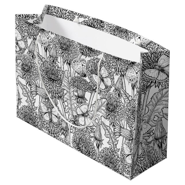 Bolsa De Regalo Grande La pradera de Dandelion en blanco y negro (Angulo reverso)