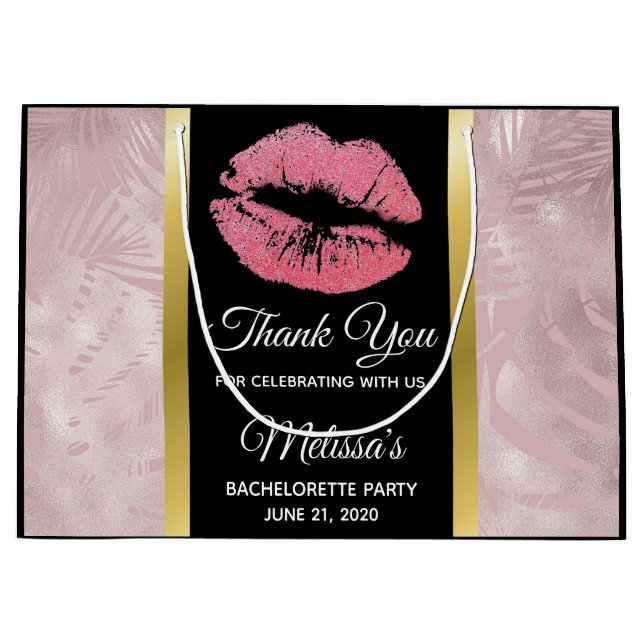 Bolsa De Regalo Grande Labios de brillo rosa y hojas tropicales de rosa o (Anverso)