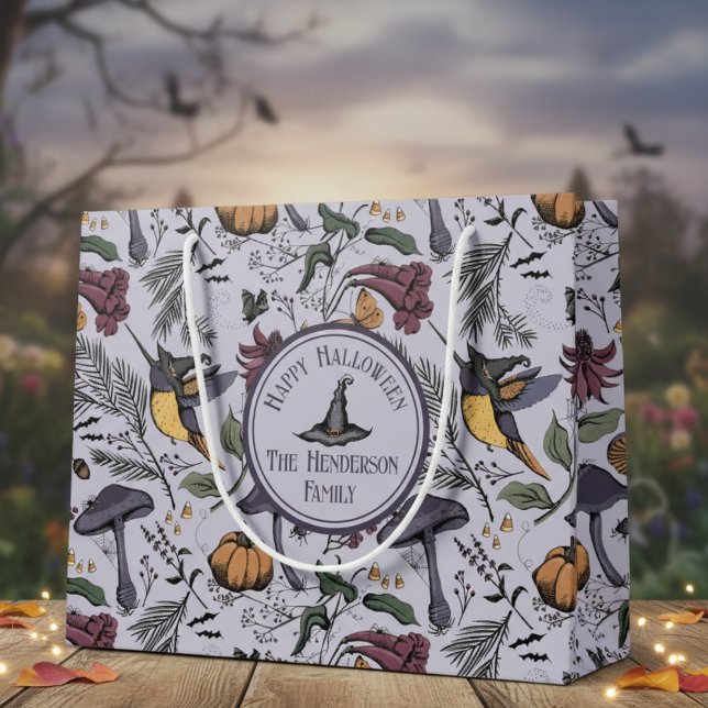 Bolsa De Regalo Grande Lavender Spooky Halloween Hummingbird Garden (Spooky Happy Halloween Hummingbird Witch Floral Pattern. Autumn Flowers and Fall Leaves for October)