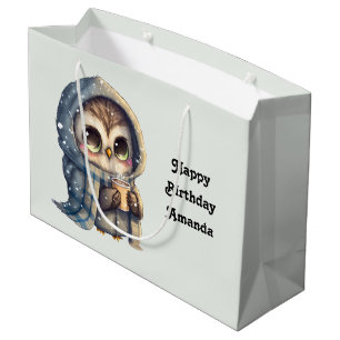 Bolsa De Regalo Grande Lechuza linda con un café Cumpleaños