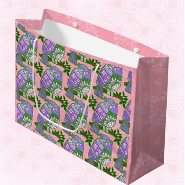 Bolsa De Regalo Grande Lechuzas de arte popular con niños morados rosados (Subido por el creador)