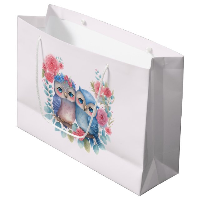 Bolsa De Regalo Grande Lechuzas enamoradas sentadas en una rama de árbol (Angulo Anverso)