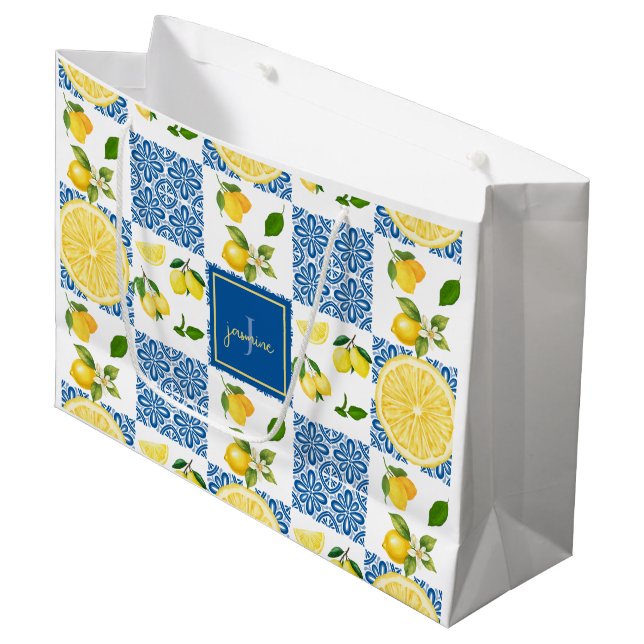 Bolsa De Regalo Grande Lemon Monogram Name French Country Tile Pattern (Angulo Anverso)