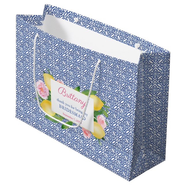 Bolsa De Regalo Grande Lemons Azulejos Blancos Criados De Honor Gracias (Angulo Anverso)