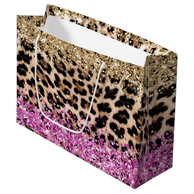 Bolsa De Regalo Grande Leopard Animal Print Gold Pink Glitzy Purpurina (Angulo Anverso)