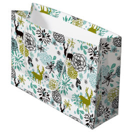 Bolsa De Regalo Grande Lindo patrón de arte floral y ciervo azul verde te