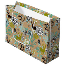 Bolsa De Regalo Grande Lindo patrón de arte floral y ciervo azul verde tu