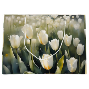 Bolsa De Regalo Grande Lindos tulipanes blancos jardín pintura acuarela