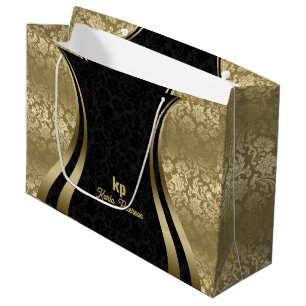 Bolsa De Regalo Grande Líneas dinámicas de Damasco negro de oro para la c
