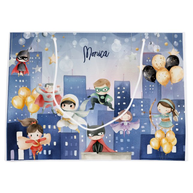 Bolsa De Regalo Grande Llamando a todos los superhéroes cumpleaños (Anverso)