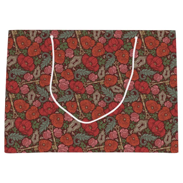 Bolsa De Regalo Grande Llave Antigua Victoriana Steampunk Amapolas Rojas (Anverso)