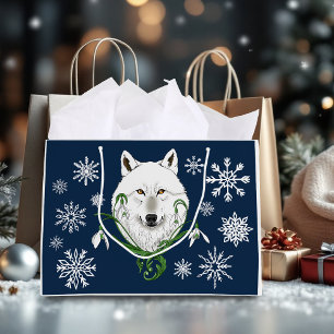 Bolsa De Regalo Grande Lobo Ártico Blanco Místico Flor de Invierno Azul