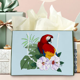 Bolsa De Regalo Grande Loro Guacamayo Rojo Floral Hibisco Blanco Tropical