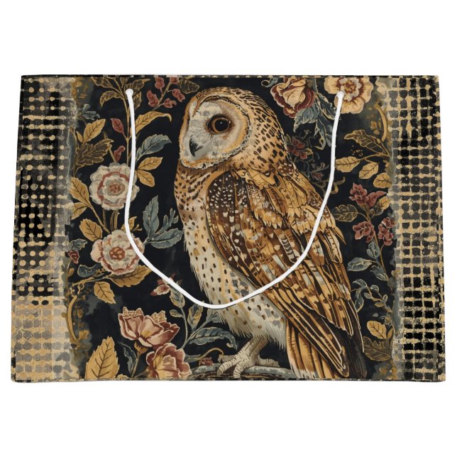 Bolsa De Regalo Grande Lovely Owl in the Flowers Garden ,Gold Checkered  (Anverso)