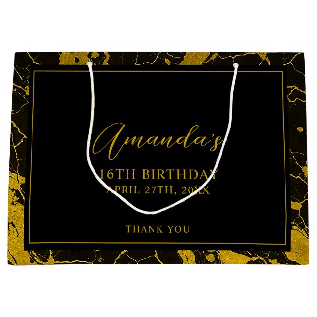 Bolsa De Regalo Grande Lujoso dulce de mármol negro y oro 16 cumpleaños (Anverso)