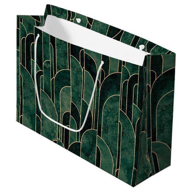 Bolsa De Regalo Grande Lujoso patrón Art Deco Verde y Oro (Angulo Anverso)