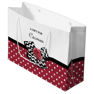 Bolsa De Regalo Grande Lunares rojos y blancos Rosa elegante Chevron Lazo