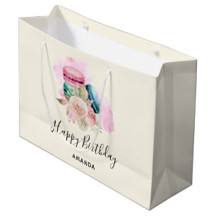 Bolsa De Regalo Grande Macarons Coloridos y Flores Acuarela Cumpleaños