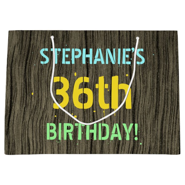 Bolsa De Regalo Grande Madera falsa, aspecto de texto pintado, cumpleaños (Anverso)