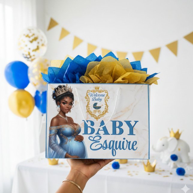 Bolsa De Regalo Grande Madre afroamericana real será azul y dorada (Celebrate in style with this elegant royal gift bag, perfect for African American mom-to-be 💙)