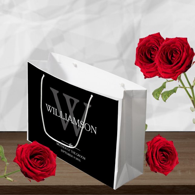 Bolsa De Regalo Grande Madre Del Regalo De Groom Monograma Boda Elegante (Mother Of The Groom Gift - Monogram, Name & Date =  Elegant Wedding Large Gift Bag.)