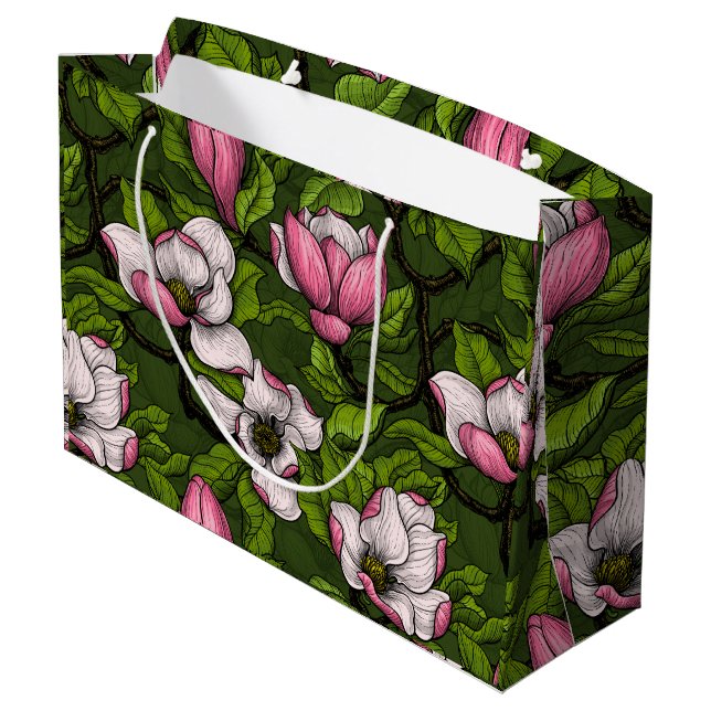 Bolsa De Regalo Grande Magnolia floreciente en verde oscuro (Angulo reverso)