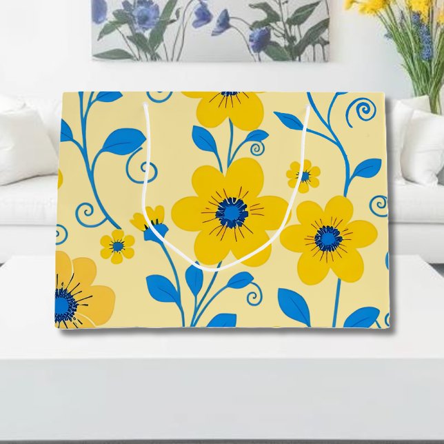 Bolsa De Regalo Grande Mantequilla floral amarilla y azul (Butter Yellow and Blue Floral Large Gift Bag)
