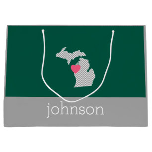 Bolsa De Regalo Grande Mapa estatal de Michigan con nombre y corazón de a