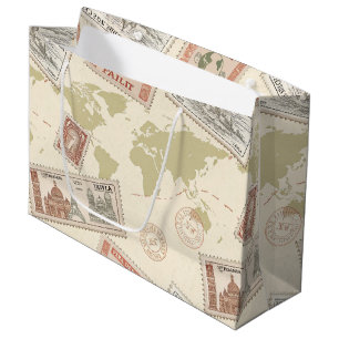 Bolsa De Regalo Grande Mapa Mundial de Sellos Postales Antiguos de Viajes