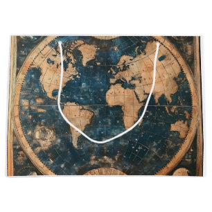 Bolsa De Regalo Grande Mapa mundial del doble hemisferio azul y oro vinta