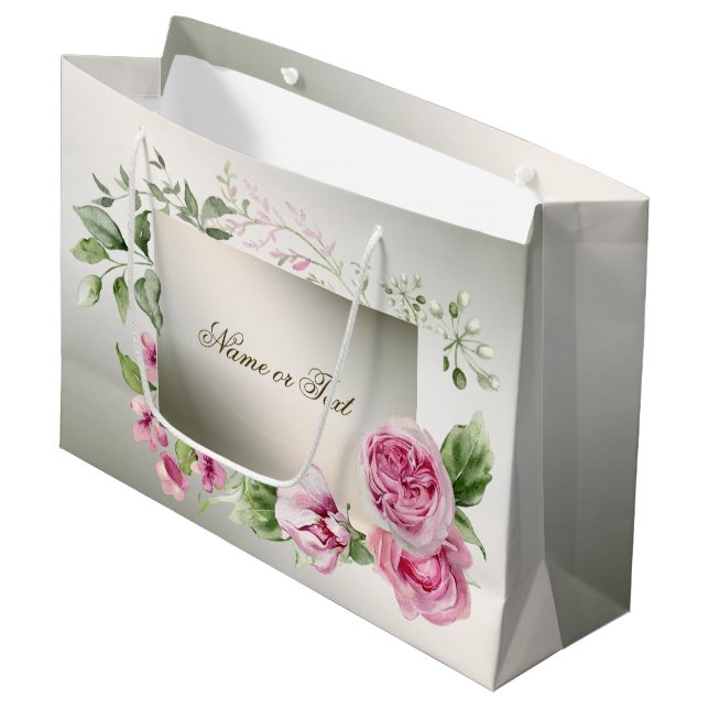 Bolsa De Regalo Grande Marco floral rosa acuarela elegante bronce brillan (Angulo Anverso)