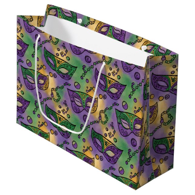 Bolsa De Regalo Grande Mardi Gras Masks and Beads Purple Green Yellow (Angulo Anverso)