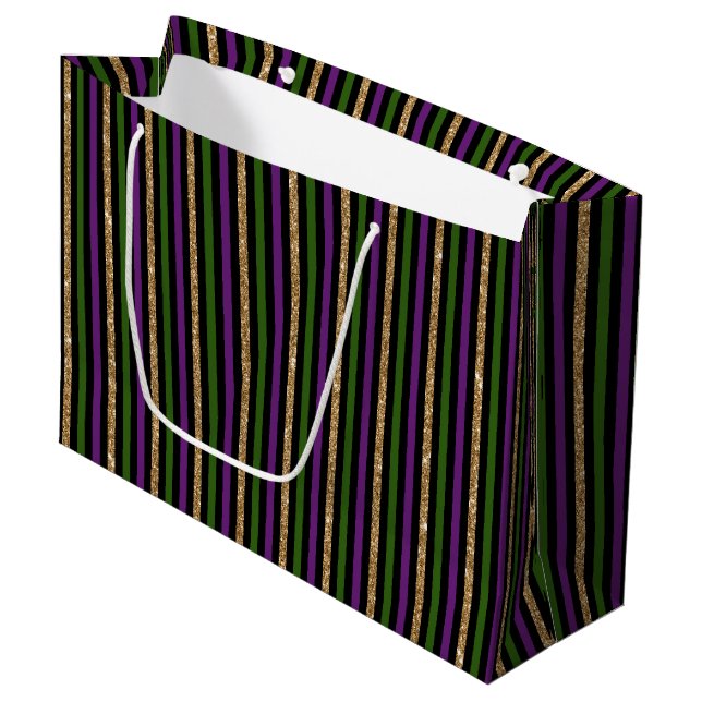 Bolsa De Regalo Grande Mardi Gras Purple Green Black Faux Gold Stripes  (Angulo Anverso)