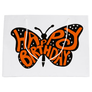 Bolsa De Regalo Grande Mariposa monarca negra y Naranja Feliz cumpleaños