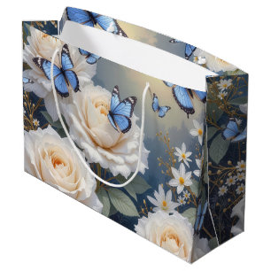 Bolsa De Regalo Grande Mariposas Azules en un Jardín de Rosas Blancas