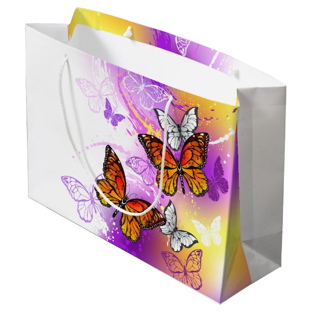 Bolsa De Regalo Grande Mariposas monarcas en fondo morado (Angulo reverso)