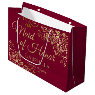 Bolsa De Regalo Grande Maroon de Borgoña y doncella de oro de Boda de hon