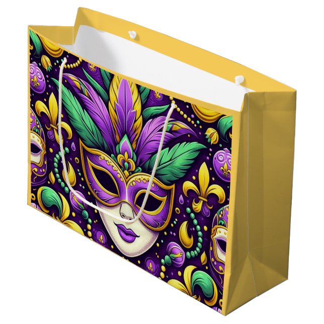Bolsa De Regalo Grande Máscara/cuentas de Mardi Gras/fleur de lis (Angulo Anverso)