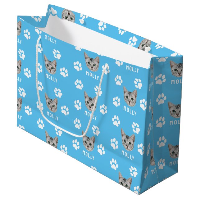 Bolsa De Regalo Grande Mascota de gato personalizado, foto y nombre azul (Angulo Anverso)