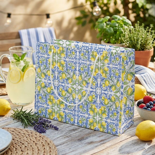 Bolsa De Regalo Grande Mediterranean Amalfi Coast Blue Tile Lemon (Mediterranean Amalfi Coast Blue Tile Lemon Large Gift Bag )