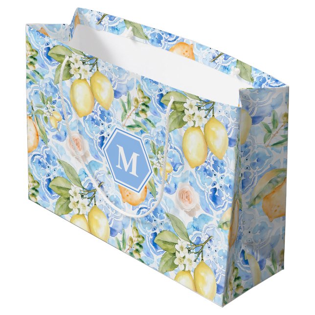 Bolsa De Regalo Grande Mediterranean Blue Tile Limoncello Monogram Name (Angulo reverso)