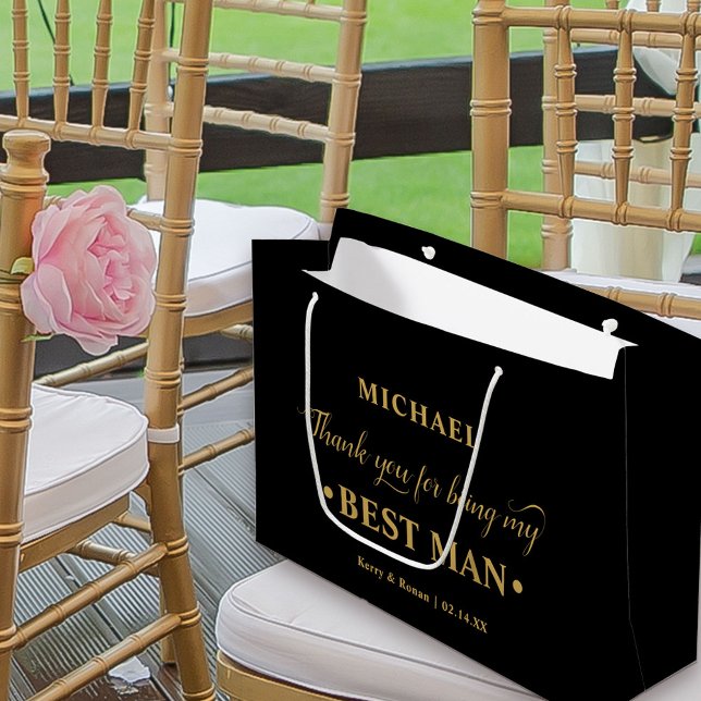 Bolsa De Regalo Grande Mejor hombre negro y oro personalizado gracias (Black and Gold Wedding Thank You Gift Bag for Best Man)