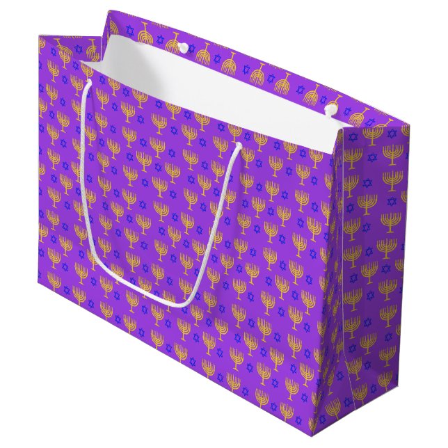 Bolsa De Regalo Grande Menorahs dorados + estrellas azules (Angulo Anverso)